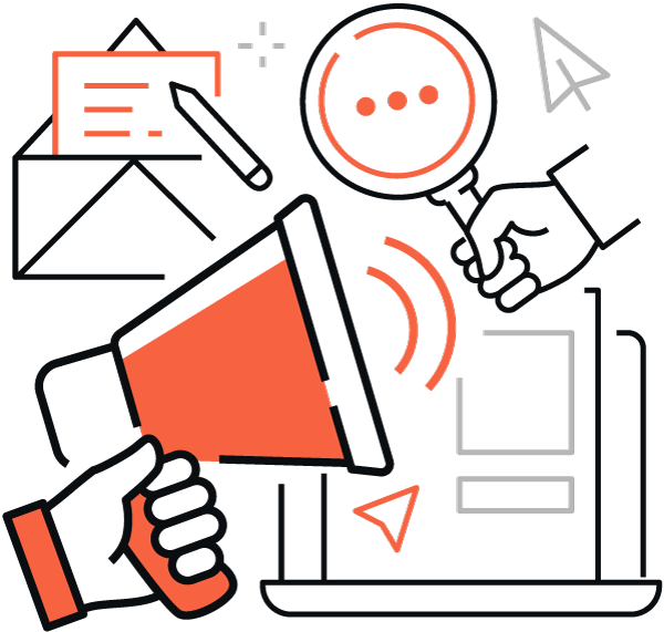 Importation revente Transfrontalier CE Illustration graphique d’outils de marketing numérique, tels que mégaphone, icône de recherche, mobile, documents, etc., représentés en orange et noir.
